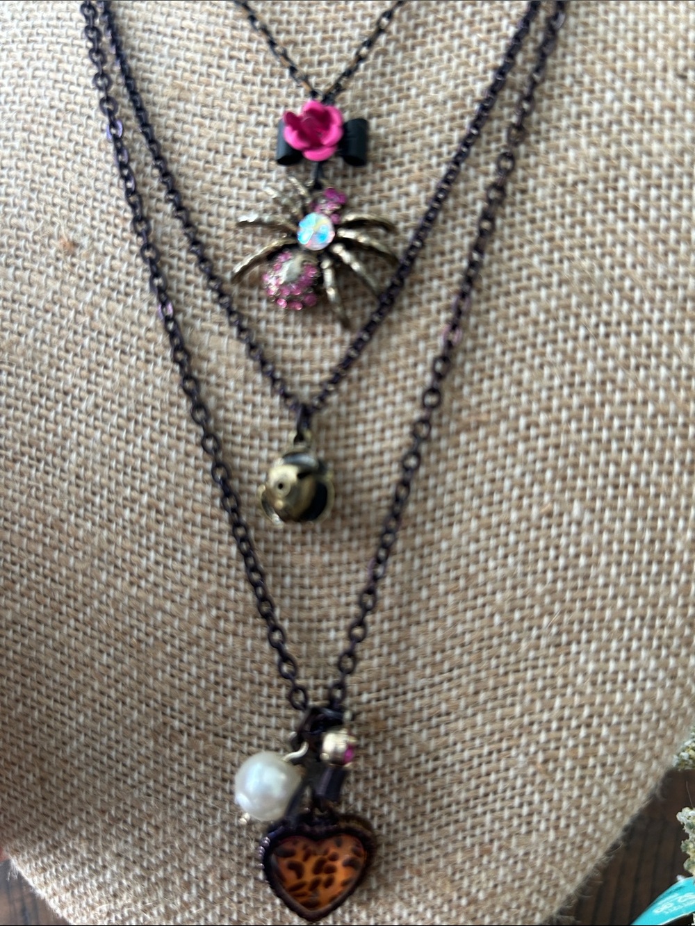 Betsey Johnson Antique Bronze Multi-Layer Necklace with Pink Flower/2 necklaces